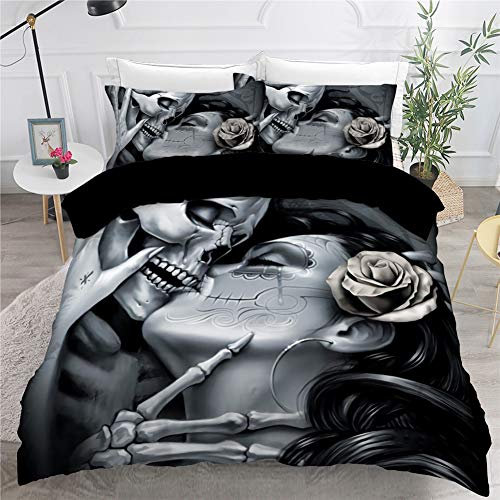 Timiany Bettwäsche Set Schädel & Rosen Bettbezug 135x200cm, Halloween Gotisch Totenkopf Hypoallergen Mikrofaser Bettbezüge Und 2 Kissenbezug 80x80cm (Rosen,135x200+80x80)