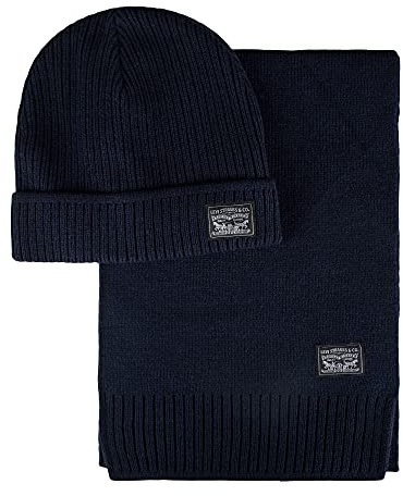 Levi's Klassische Wintermütze und Schal für Herren, Strickmütze und Schal, Marineblau, gerippt, Einheitsgröße