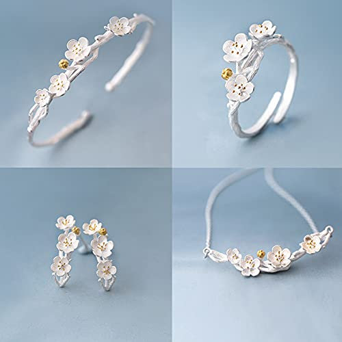 HCMA 925 Silber Schmuck Sets Sakura Plum Blossom Flower Halskette + Ohrringe + Ring + Armband Für Frauen Geschenk Hochzeit Schmuck Set