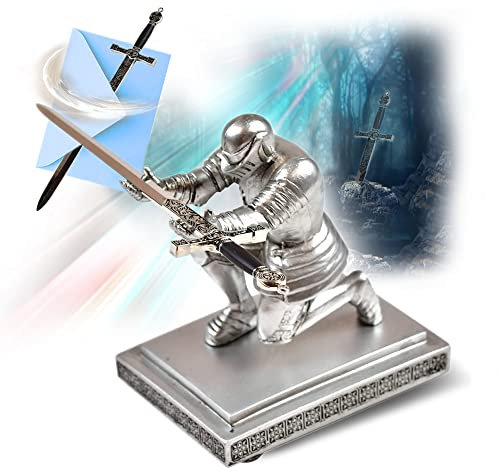 Swords and more King Arthurs Excalibur Schwert - Stahl Schwert Brieföffner mit Harz Schwert Stifthalter Ritter, Miniaturschwert, Büro Schreibtisch Zubehör Schwert Geschenk für Sammler Exklusives Set