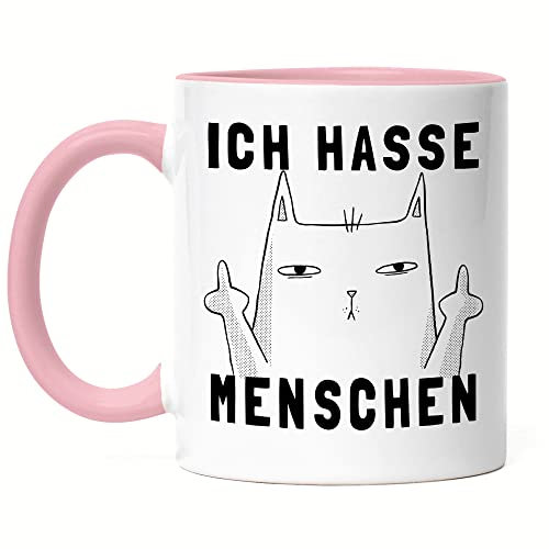 Hey!Print Ich hasse Menschen Tasse Rosa Lustig Katze unhöflich Spruch Cat Katzenliebhaber Geschenk Kollege Kollegin Büro-Tasse