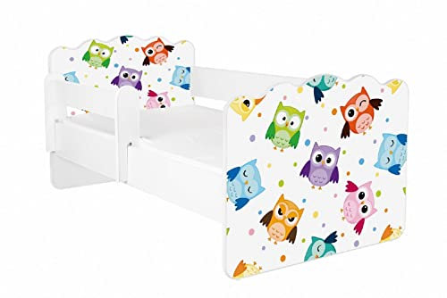 AS-TOR Kinderbett Jugendbett Alex 70x140cm mit Matratze und Abnehmbarem Geländer - Bett Schlafzimmer Kindermöbel Kinderbetten für Mädchen und Junge, Hochwertige Möbelplatte, Solide und Sicher, Eulen