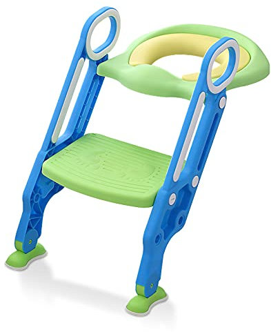 HENGMEI Toilettensitz Kinder Toilettentrainer mit Treppe, Klappbarer Töpfchentrainer Toiletten Trainingssitz, Höhenverstellbar 38-42 cm Klositz für von 1-7 Jahren, Blau und Grün, HM-VC-HAG1243BG