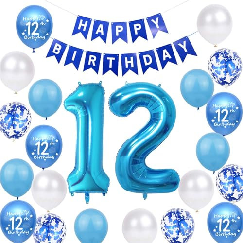 12. Geburtstagsdeko Junge, Luftballon 12. Geburtstag Blau, 12. Geburtstag Dekoration Blau, 12 Jahr Geburtstagsdeko Blau, Luftballon 12 Geburtstagdeko für Mädchen Jungen 12 Jahr Party Deko