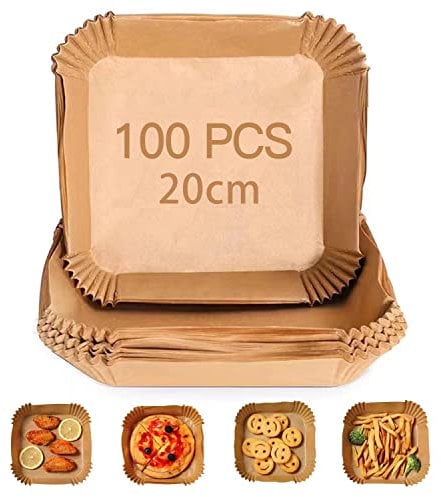 KellDis 100 unidades bandejas de papel de horno para freidora de aire, 20 cm, moldes cuadrados desechables