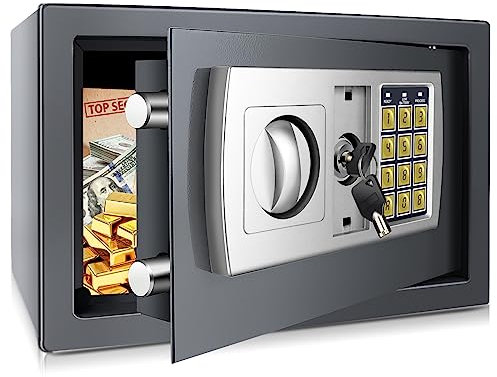 Tresor 8,5L Tresor für Zuhause Safe Feuerfest Möbeltresor Für Schmuck Bargeld Hotel Sicherheit, Wasserdichter Wandtresor mit Doppelstahlbolzen, Notschlüssel, Zahlenschloss Stahlsafe, 31x20x20cm