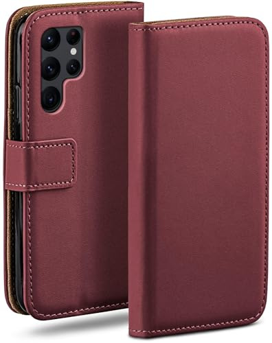 moex für Samsung Galaxy S22 Ultra Hülle mit Kartenfach, Handyhülle klappbar 360 Grad Schutzhülle, PU Leder Handytasche Samsung Galaxy S22 Ultra Klapphülle Flip Case, Weinrot