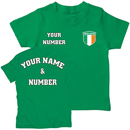 lepni.me Kids Personalised Football Jersey Ireland | Your Name and Number | Irish Flag Badge | Custom T-Shirt | Football Championship 2024 (3-4 Years Green Multi Color)