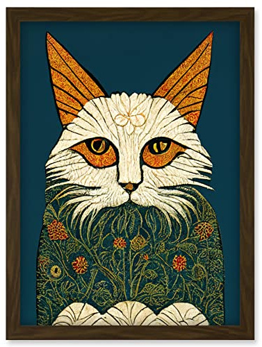 Doppelganger33 LTD Melancholy Moggie Cat Illustration William Morris Style Teal Gold Artwork Framed Wall Art Print A4