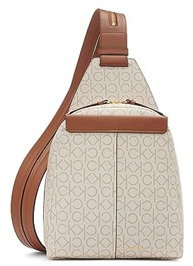 Calvin Klein Damen Millie for Women – Vegan Leather Monogram Backpack, 2 Pockets Myra Convertible Sling Rucksack, Vanille/Khaki/Karamell, Einheitsgröße