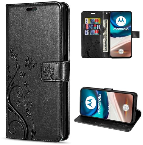 betterfon Hülle Kompatibel mit Motorola Moto G42 | Premium PU Leder Handyhülle Wallet Case für Moto G42 | Schutzhülle Blumen Klapphülle Handyhülle | Schwarz