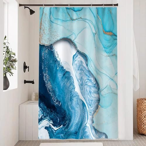 Uiiooazy Rideau Douche Anti Moisissure, Rideau de Douche 120x200cm Bleu Ciel Effet Marbre Bleu Blanc Rideaux de Baignoire Tissu Lavable Imperméable Polyester Rideaux Salle de Bain avec 8 Crochets