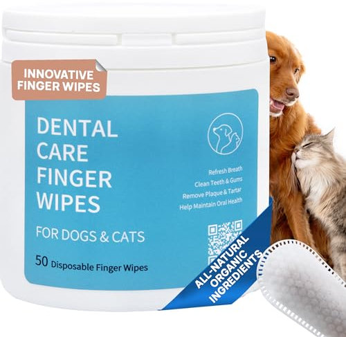 Spanielbuns Dog Dental Wipes for Cats & Dogs Teeth Cleaning - Safe Vet Approved, Breath Freshener, Tartar Remover, All Natural Organic, 50ct Pre-Soaked Finger Wipes