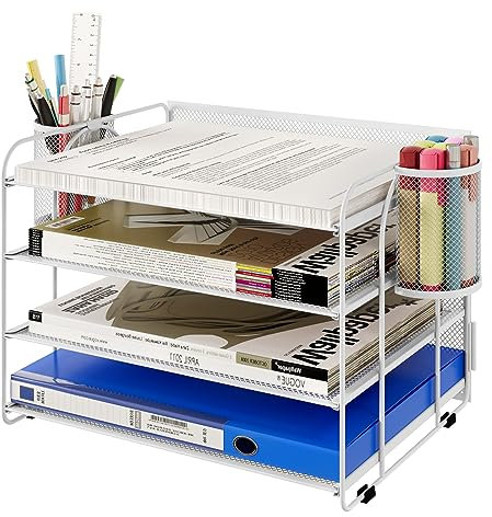 TQVAI 4-Tier Letter Tray Desk Tidy Organiser with 2 Pen Holder A4 Paper Tray Organiser Document Storage, White