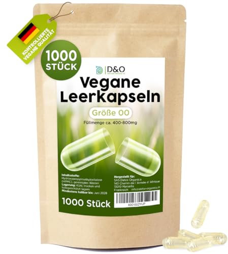 D&O Nature Products Leerkapseln 00 Vegan, 1000 Leere Kapseln zum Befüllen Vegetarisch, HPMC Kapselhülle leer, Empty capsules, Vegane Leerkapseln zum Befüllen mit Kapselfüller oder per Hand