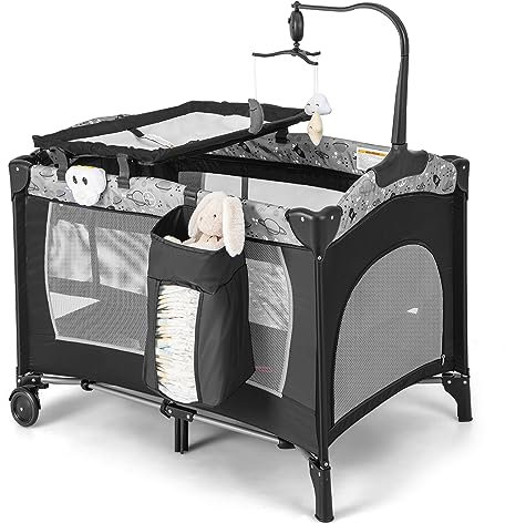 RELAX4LIFE 4 in 1 Lettino da Campeggio con Materasso per Bambini, Culla da Viaggio per Neonati con Fasciatoio, Carillon e Ruote Bloccabili, Adatto a Bambini da 0 a 36 Mesi (Grigio)