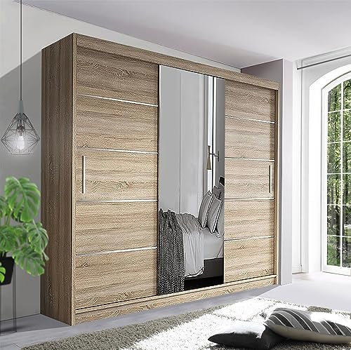 Track-D Modern Bedroom Sliding Wardrobe - Ample Storage Space and Sleek Design comes in White/Grey/Black/Oak and Width 150cm/180cm/203cm/250cm (Oak, 250cm)