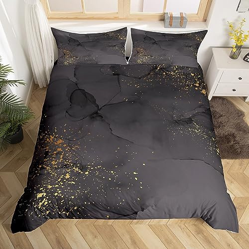 Homewish Black Marbling Duvet Cover Double Gold Metallic Sequin Bedding Set, Dark Grey Marble Comforter Cover Abstract Aesthetic Artwork Bed Set, Modern Fashion Bedding Luxurious Room Decor