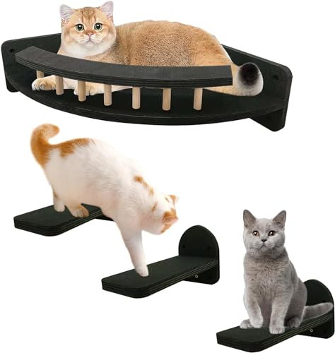 Kathson Lit mural avec étagère d'angle à 3 marches – Hamac pour chat recouvert de peluche et griffoir moderne pour intérieur (noir)