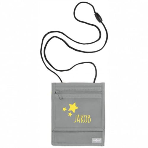 minimutz Brustbeutel mit Name personalisiert - Geldbörse Sterne Kinder zum Umhängen mit Klarsichtfenster außen - Geldbeutel Jungen Mädchen mit Schlüsselring innen (grau)