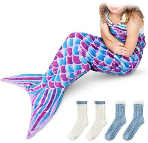 SSKHE Meerjungfrau Schwanz Decke Flanell tragbare Decke 130X50cm Coral Plüsch Home Schlaf Socken Lila Blaue Meerjungfrau Schlafsack Universal für Erwachsene und Kinder Home Meerjungfrau Schwanz Decke