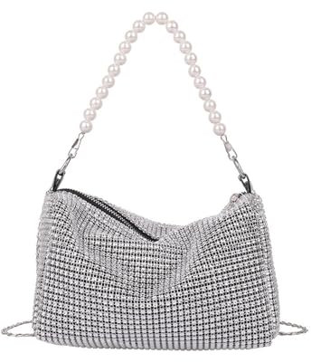 TOFBS Glitzer Pailletten Abendtasche Damen Perlen Kettentasche Elegante Clutch CrossBody Bag Umhängetasche Kleine Tasche für Hochzeit Abendparty Party Feiertage Silber