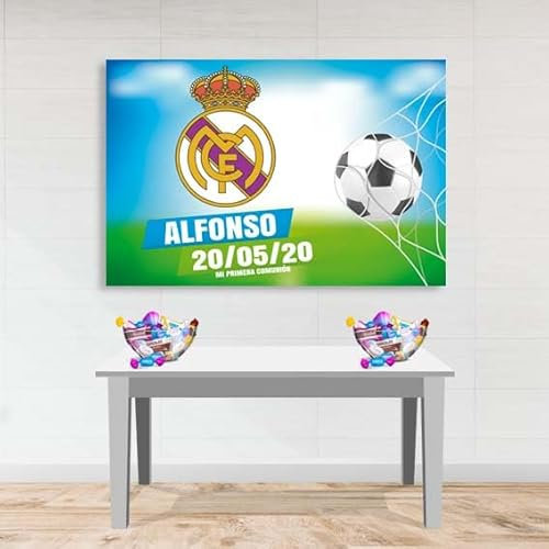 Fondo mesa dulce de futbol equipo a elegir para comunion y cumpleaños personalizado tamaño 150x100cm. Decoración comunion, personalizado con nombre y fecha. Fabricación Española