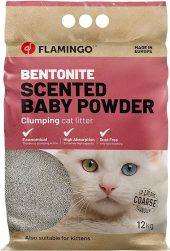 Flamingo - Litière Chat - 12L (12kg) pour 10 semaines - Litière agglomérante - Gros Grains - Parfum Talc bébé - Origine Europe