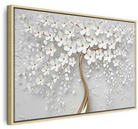 murando Bilder mit Rahmen 90x60 cm Wandbilder auf Leinwand groß Leinwandbild XXL natürlicher Holzrahmen moderne Wohnzimmer Schlafzimmer Wanddekoration Design Wand Deko mit Blumen Motiv weiß