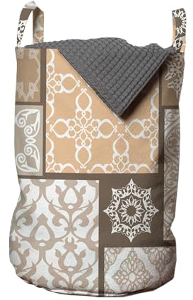 ABAKUHAUS Mosaik Wäschesack, orientalischer Blumenmuster marokkanische Paisley-Art, Wäschekorb mit Griffen Kordelzugverschluss, 33 cm x 50 cm, Umbra Weiß Kamel