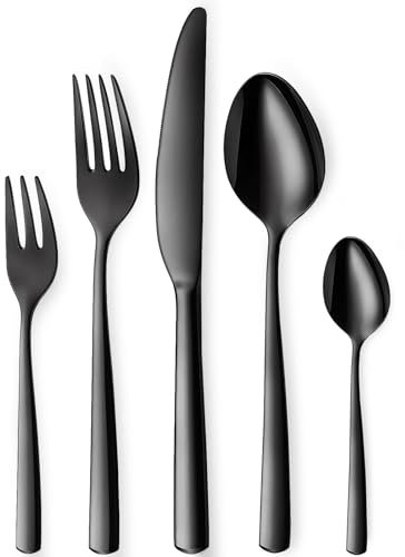 Targzier Schwarz Besteck Set 6 Personen, 30-teilig Edelstahl Besteck Schwarz, Schwarzes Besteck Set mit Messer Gabel Löffel, Elegantes Edelstahlbesteck, Spülmaschinenfest.