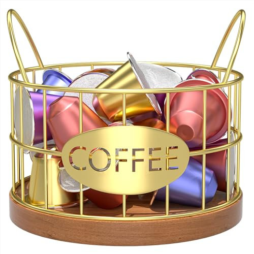 APOIMNA Coffee Pod Holder, Rustic K Cup Holder Organizer for Counter, Coffee Pods Storage Organizer for Coffee Bar Accessories Decor(Gold-02)