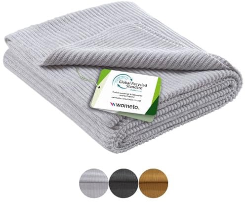 wometo eco-line Strickdecke 140x190 - GRS Zertifiziert 60% recycelt Oeko-TEX weiß grau hellgrau melierte Kuscheldecke