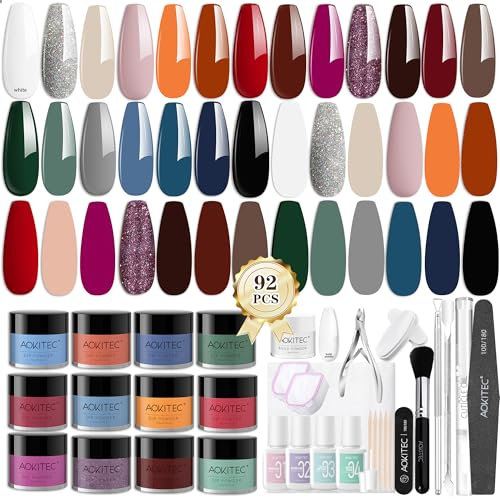 Aokitec 92 PCS Dip Powder Nail Kit with Everything - 20+1 Colours Nail Dipping Powder Kit with Dip Liquid Set Nail Soaking Bowl Recycling Tray System Cuticle Oil Basic Nail Tools for Starter & Pro.