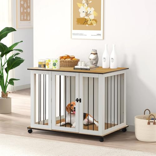 TUKAILAi Hundehütte Indoor, Möbel-Stil Hundehaus für Drinnen, Hundekäfig, Hundebox Wohnzimmer mit Sicheren Verriegelungen, Indoor-Hundegehege mit Türen, Weiß