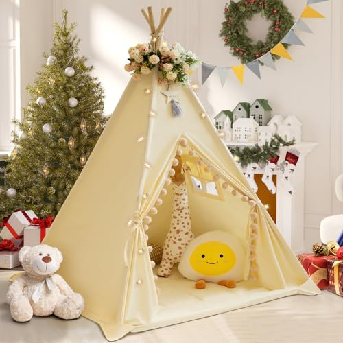 WIRHAO Tipi Zelt für Kinder mit gepolsterter Matte Baumwolle Canvas Tipi Kinder Zelt mit Pompom Indoor Kinderzelt für Mädchen Jungen mit Sternen Lichter, Tragetasche, Banner Flagge (Creme)