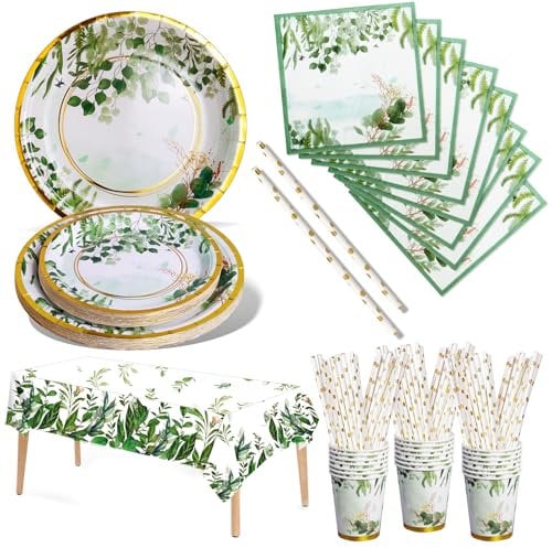 Nkaiso Stoviglie per Feste Verde 121 Pezzi Piatti Di Carta Verde Salvia e Bicchieri, Piatti Per Baby Shower Tazze Tovaglioli, Per Feste Di Compleanno Tea Party Compleanno Matrimoni- 24 Ospiti