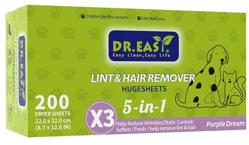 Dr.Easy LINT & HAIR REMOVER Pet HUGESHEETS avec 3X feuilles de séchage, Lavender Fresh, 200 pièces, FORMULE À BASE DE PLANTES ET DE MINÉRAUX