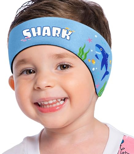 MoKo Bandeau Piscine Oreille Enfant, Requin Bleu Clair-Bleu M | Ajustable, En Néoprène Souple, Flexible Et Doux Pour La Peau, Pour La Natation, Le Surf Et Le Kayak.