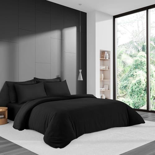LYMA Bedding Duvet Cover Set Super King Plain, OEKO-TEX Certified, Ultra Soft NanoPlush Double Brushed Quick Dry Fabric with Button Closure, Wrinkle Fade Resistant Quilt Cover with Pillowcases (Black)