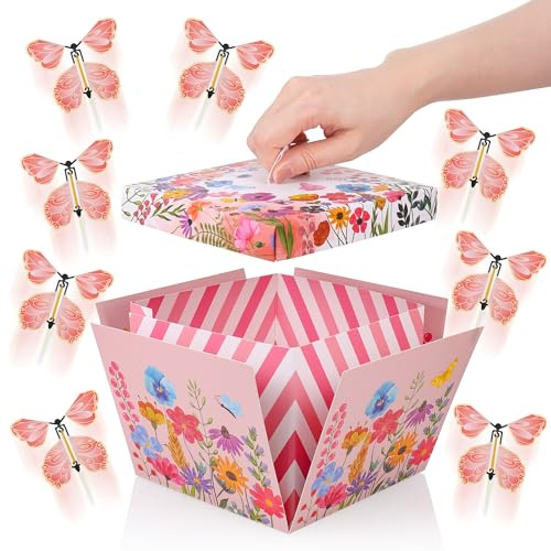 JIANTA Überraschungsbox mit Schmetterlingen, Explosionsbox Geburtstag | Geschenkbox 15x15x12,5 cm mit 8 Schmetterlingen, Rosa