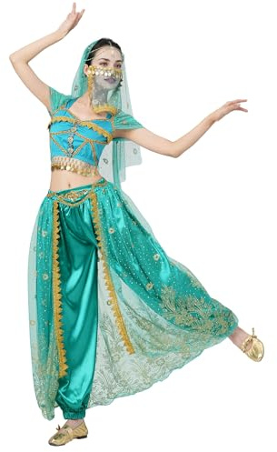 MUNAFIE Aladdin Kostüm Arabisch Bauchtanz Jasmin Prinzessin Pailletten Kostüm Halloween Karneval Partykleidung Grün XL