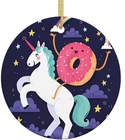 Decoraciones de Navidad con estampado de unicornios y donas de arcoíris, decoraciones de árbol de Navidad, porcelana redonda colgante para fiestas de vacaciones