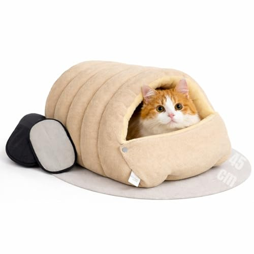 Warmes Katzenbett Winter Faltbar Waschbar 45cm– Kuscheliger Katzenkorb mit Dach, Abnehmbares Katzenkörbchen für Katzen und kleine Hunde, Weiches Katzenbett zum Schlafen Zuhause(M, Hellbeige)