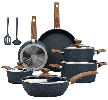 Kitchen Academy 12-teiliges blaues Granit Antihaft-Kochset für Induktion | Bratpfannen und Töpfe Set, PFOA/PFOS-frei, für alle Herdarten (Ceran, Gas, Elektro)