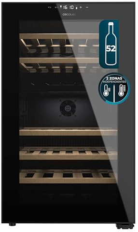Cecotec Vinoteca 52 Botellas con Doble Zona Temperatura Bolero GrandSommelier Duo 52000 Black. Compresor Integrado, Iluminación LED, Display LED Interior, Funcionamiento Silencioso, 5 Estantes Madera