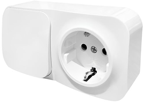 Base Schuko con Conmutador de Superficie, Enchufe con Interruptor Conmutador para Montaje en Pared, Toma de Corriente para Interior, 16A, 250V, Máx. 3680W, Ideal para Uso Doméstico y Comercial, Blanco