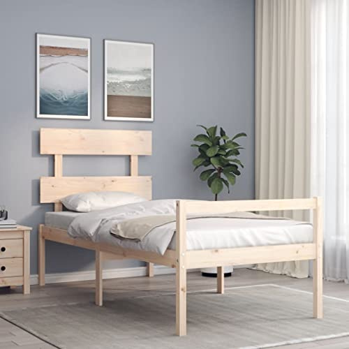 QUAHEAS Seniorenbett Massivholz Kiefer, 90x190cm, mit Kopfteil, hoher Einstieg 45cm, Bettrahmen stabil, Stauraum unter Bett, Einzelbett für Schlafzimmer