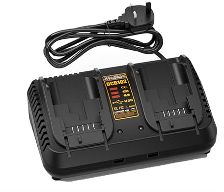 Dual-port fast charger, 2-in-1 synchronous battery charger, compatible with DCB203, 204, 205, and 206 models, 18V fast charger with dual USB ports, compatible with 12V/20V MAX lithium-ion batteries.