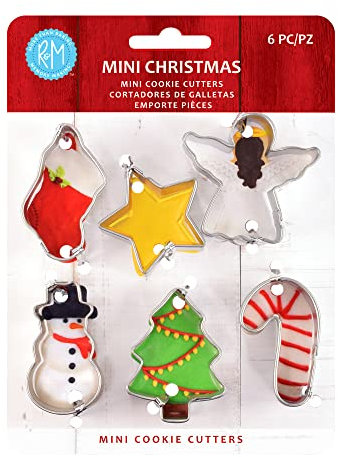Anniversary House Mini Christmas Cookie Cutter Set - 6 Tin-Plated Steel Shapes in Reusable Storage Tin - Tree, Angel, Snowman, Star, Stocking, Candy Cane - Baking & Crafting Tools